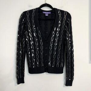 Ralph Lauren black purple label sequin V-neck cardigan silk blend size medium